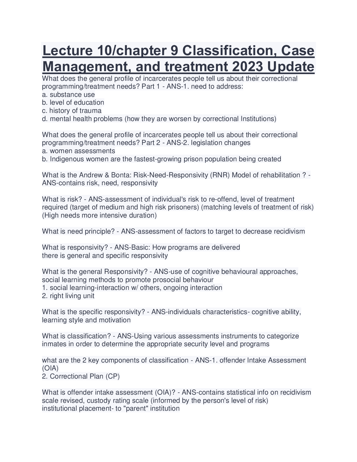 Preview image for Lecture 10/chapter 9 Classification, Case  Management, and treatment 2023 Update